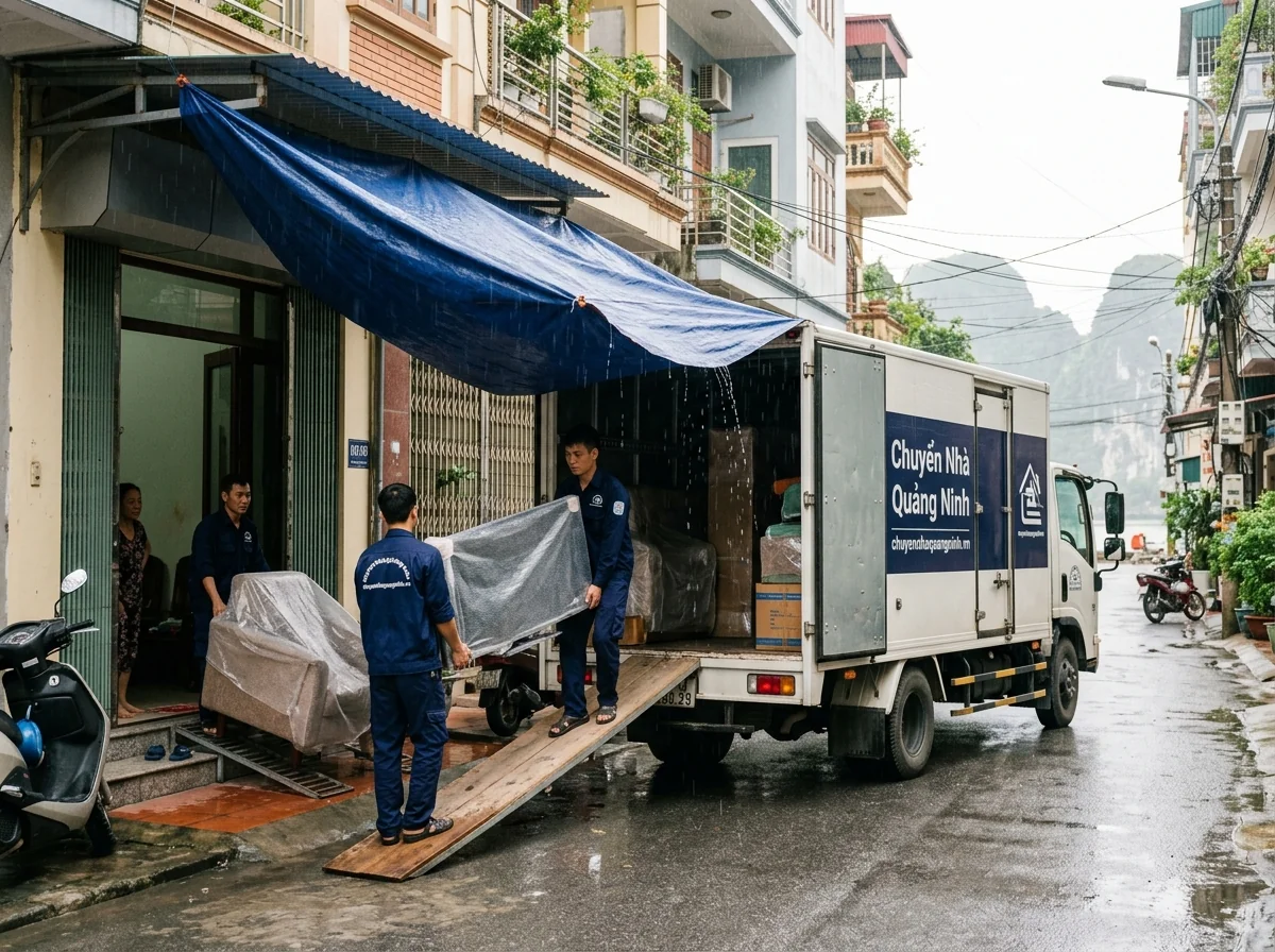 Thiết lập hành lang bốc xếp che mưa từ nhà ra xe tải