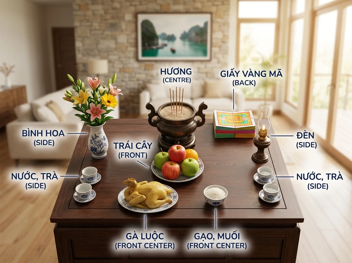 Sơ đồ bố trí lễ vật trên bàn thờ đúng chuẩn