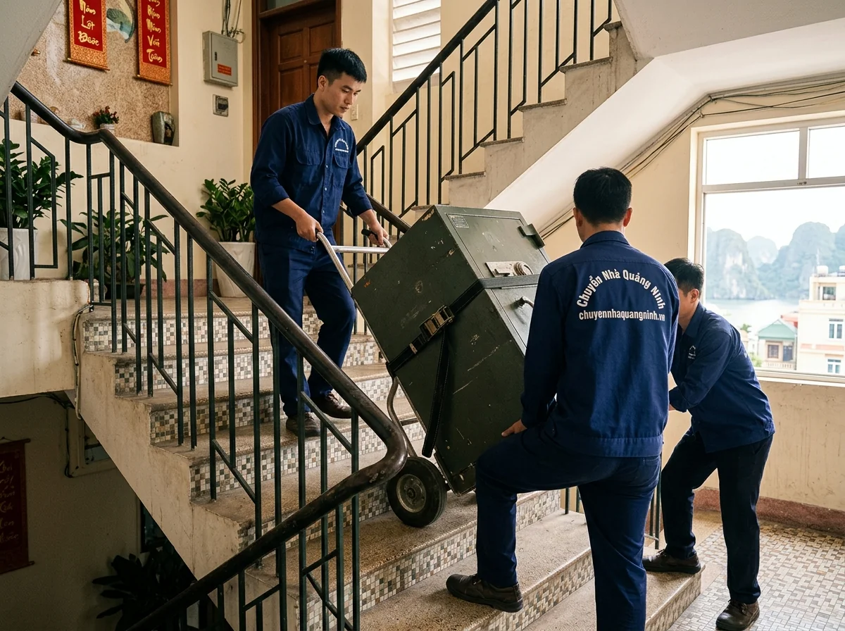Chuyển két sắt nặng qua cầu thang - kỹ thuật chuyên nghiệp