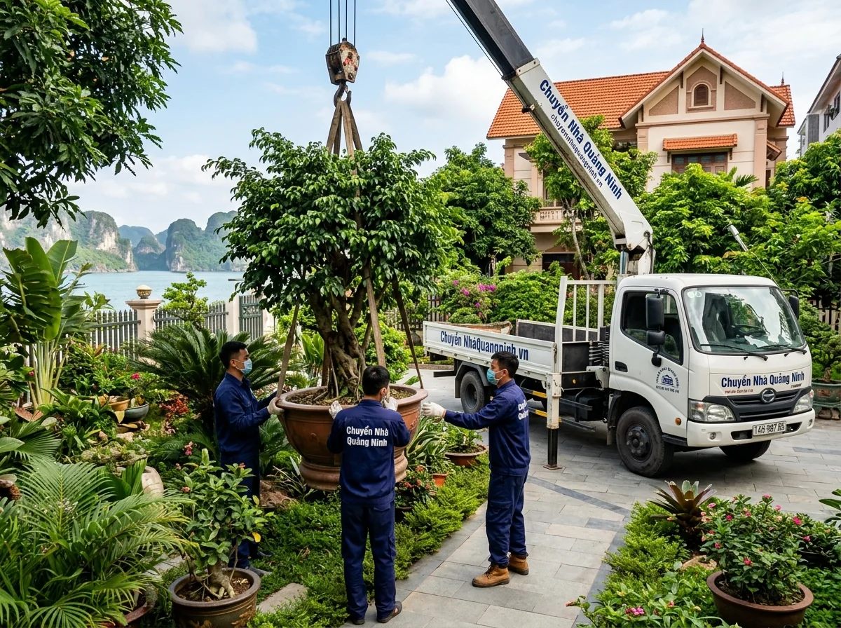 Xe cẩu chuyên dụng vận chuyển cây cảnh tại Hạ Long